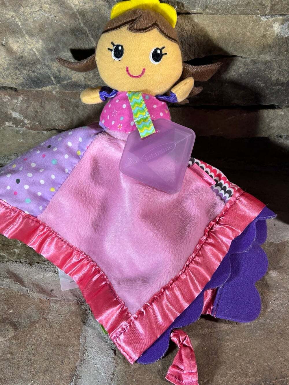 Infantino Princess Patchwork Lovey with teether pink satin edges